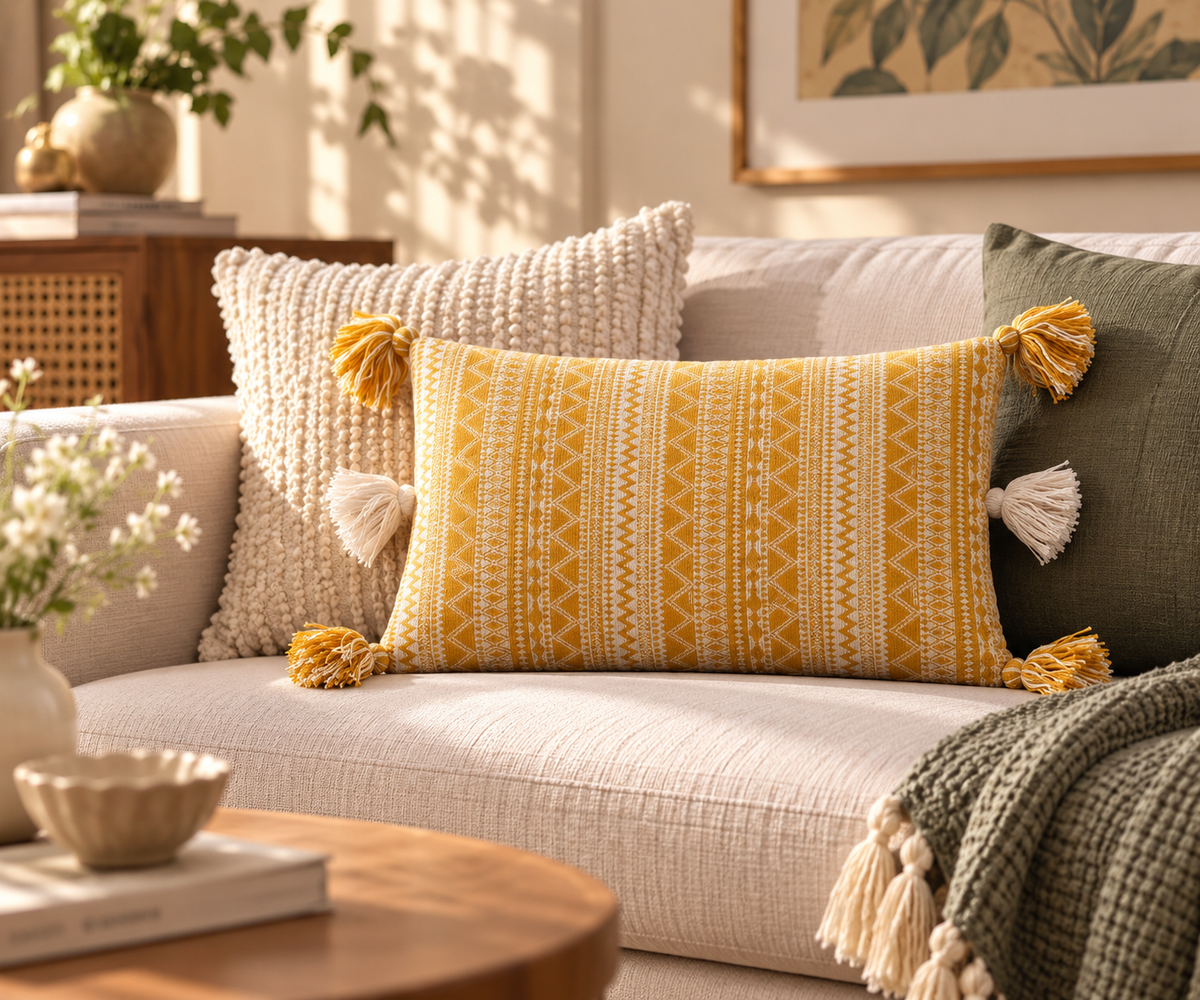 Haldi Rekha Geometric Cotton Cushion Cover | Mustard & Ivory | Varsaca