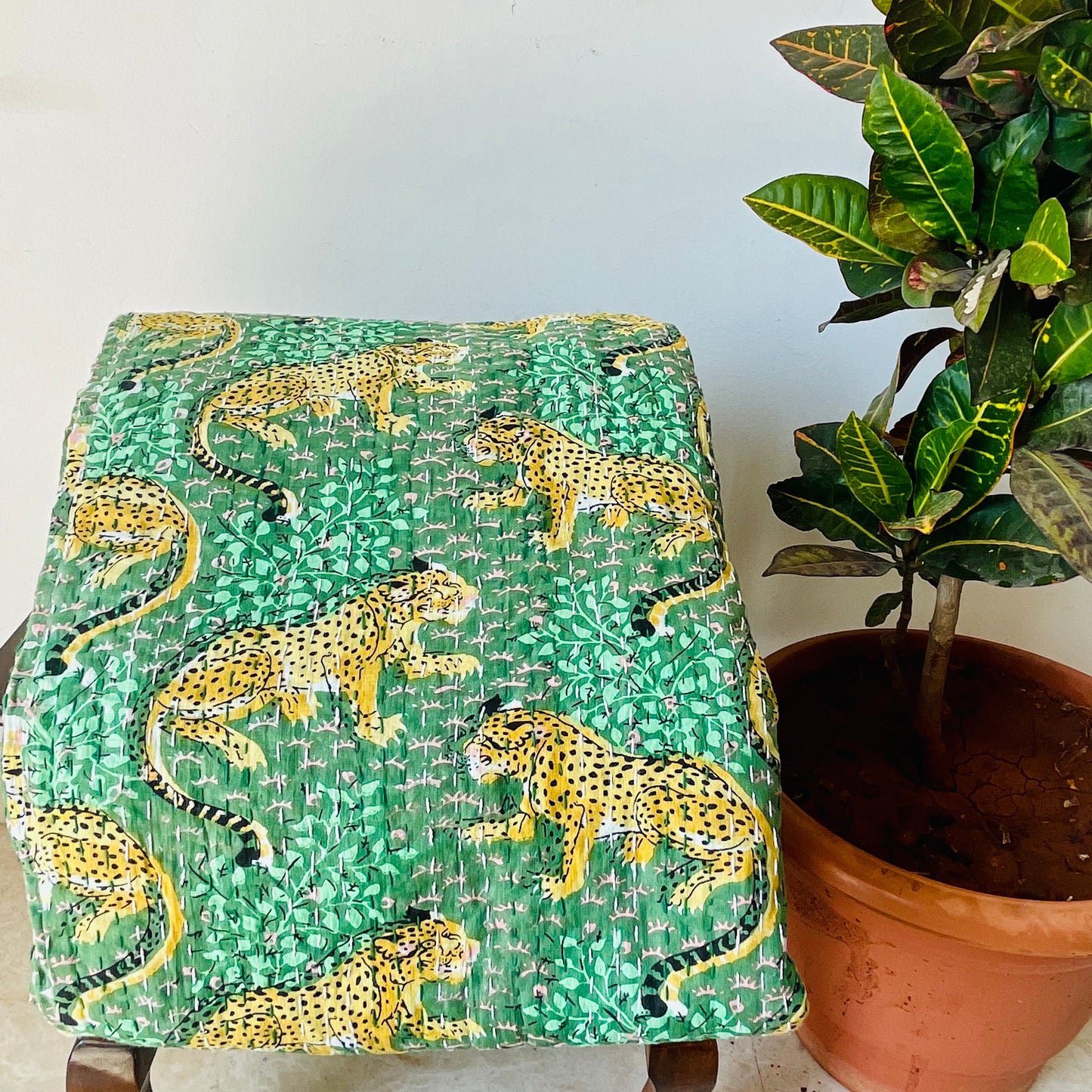 Cheetah Print Green Kantha Work Bedcover