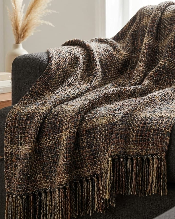 Rustic Woodland Woolen Sofa Throw | Cozy Heavyweight Woven Couch Accent Blanket