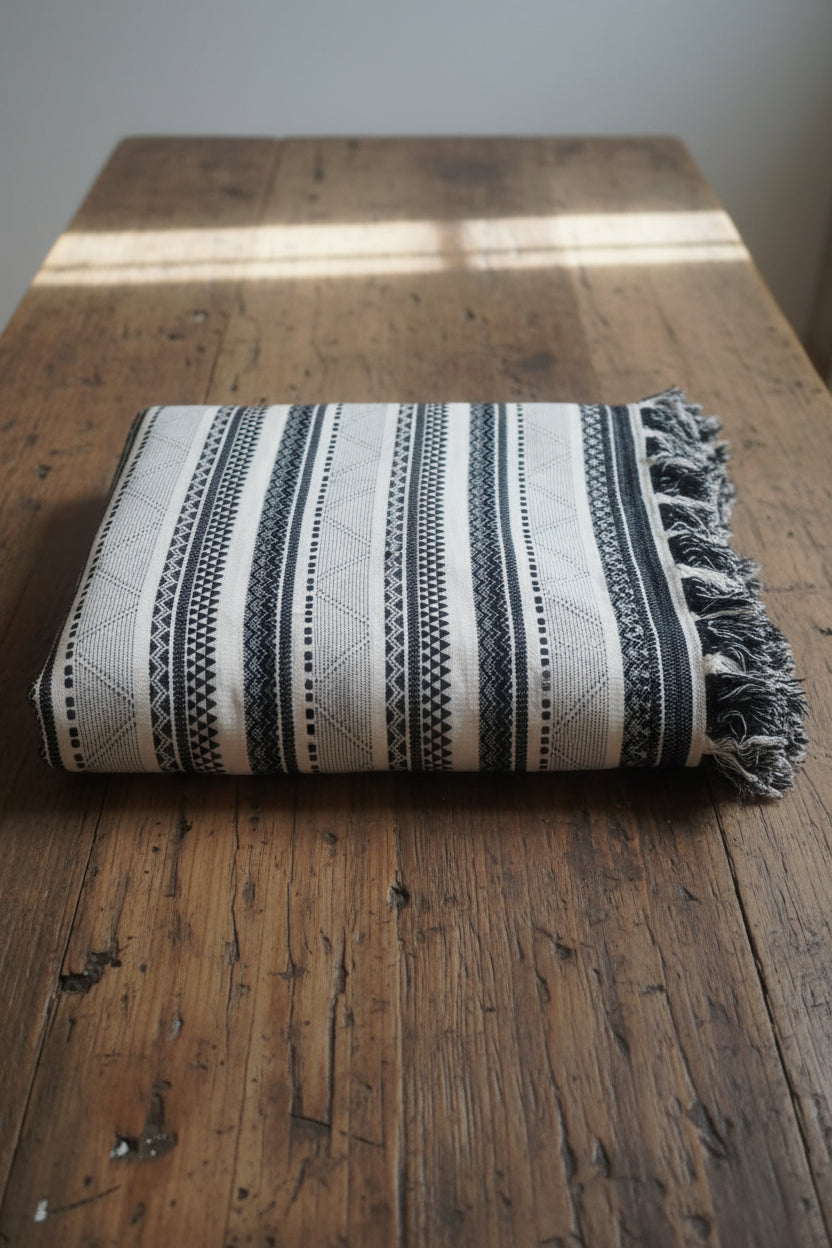 Close-up of a striped fabric with a pink object partially visible