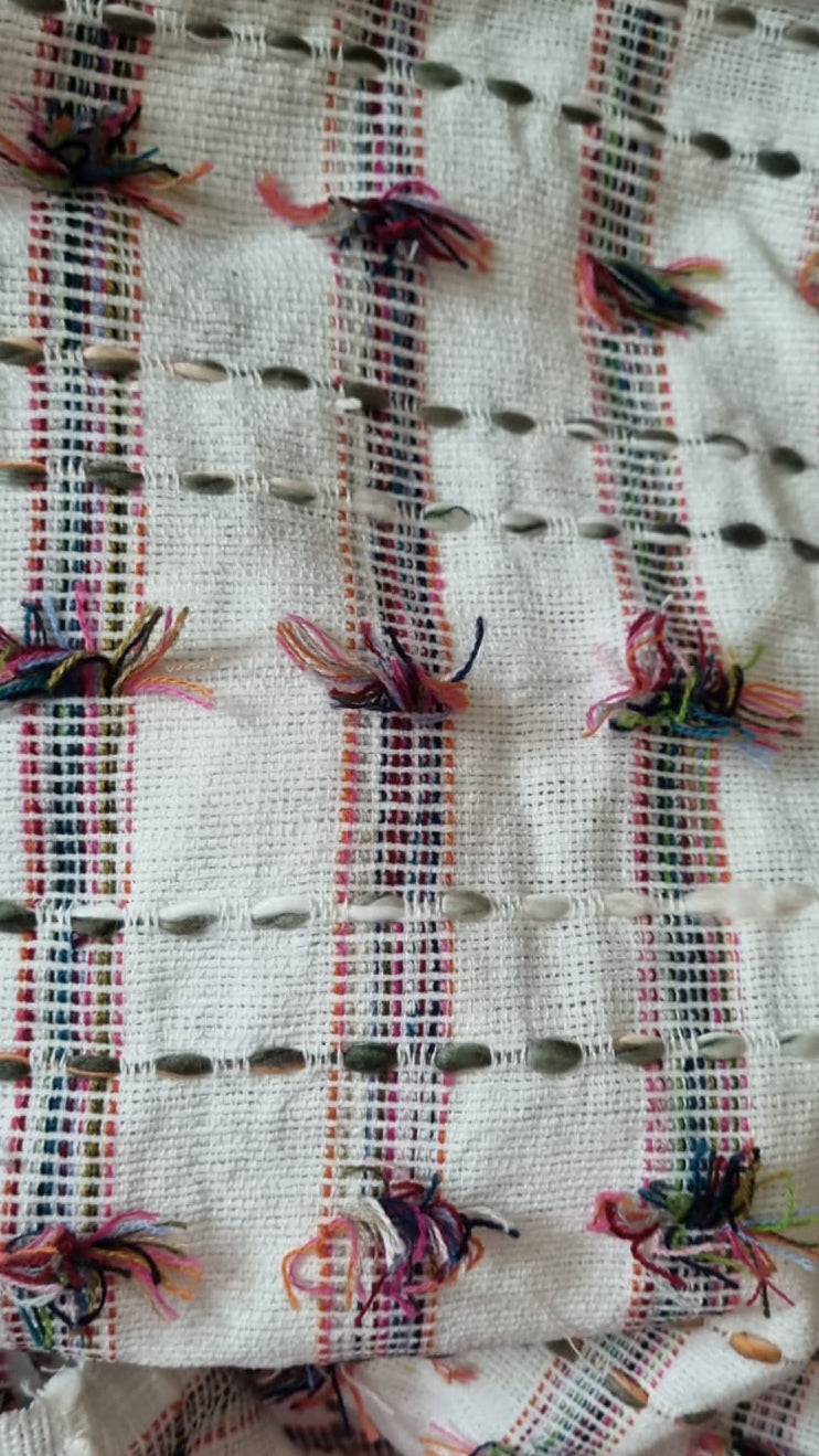 Close-up of a woven fabric with colorful patterns