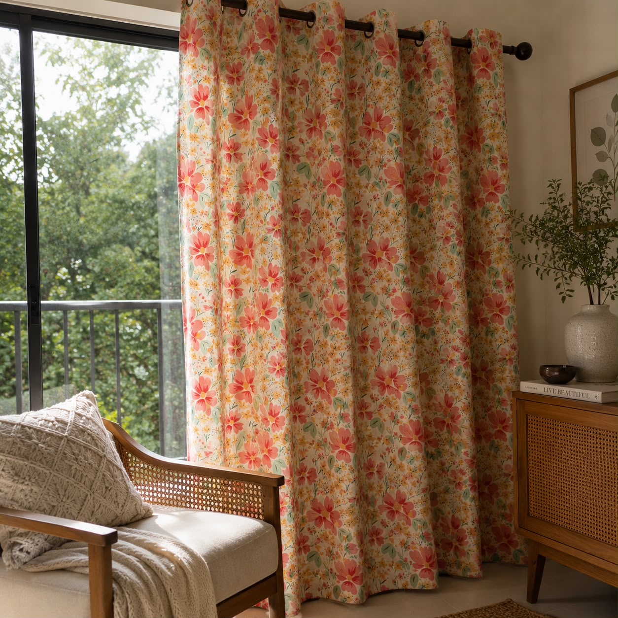 A pair of grommet-top curtains with a retro floral pattern in coral pink, orange, and green on a warm beige background, hanging in a sunlit room next to a window with a wooden chair and side table.