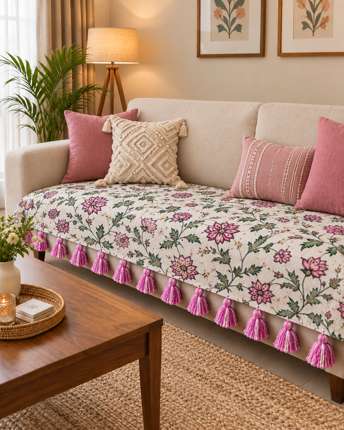 White Handloom Cotton Sofa Cover – Green & Pink Floral Motif with Pink Woolen Tassels