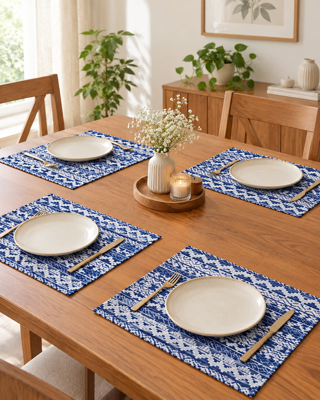 Close-up view of a royal blue and off-white woven cotton placemat featuring a detailed geometric Aztec jacquard pattern.