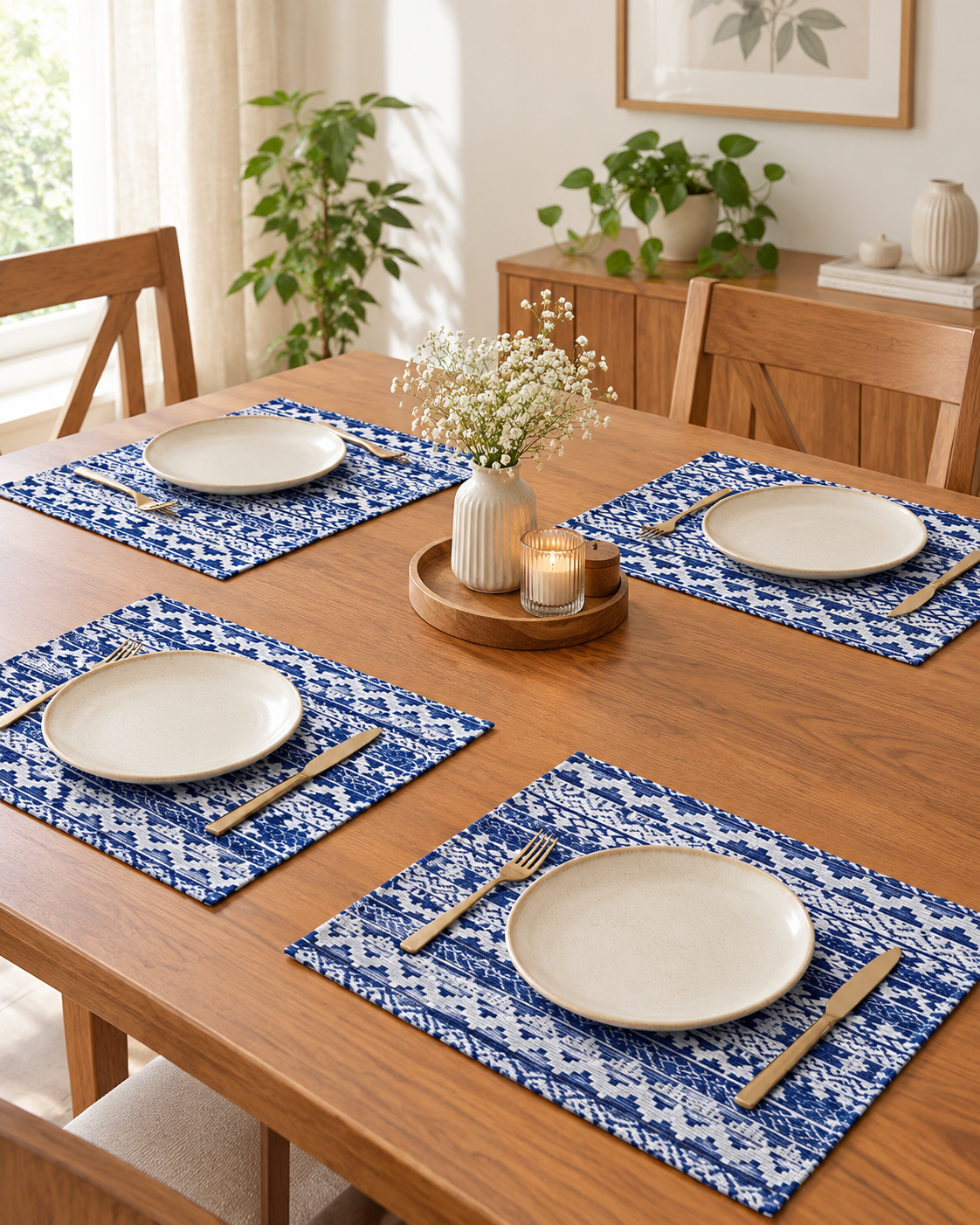 Close-up view of a royal blue and off-white woven cotton placemat featuring a detailed geometric Aztec jacquard pattern.