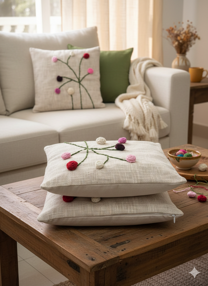 Crochet Rose Hand-Embroidered Cushion Cover