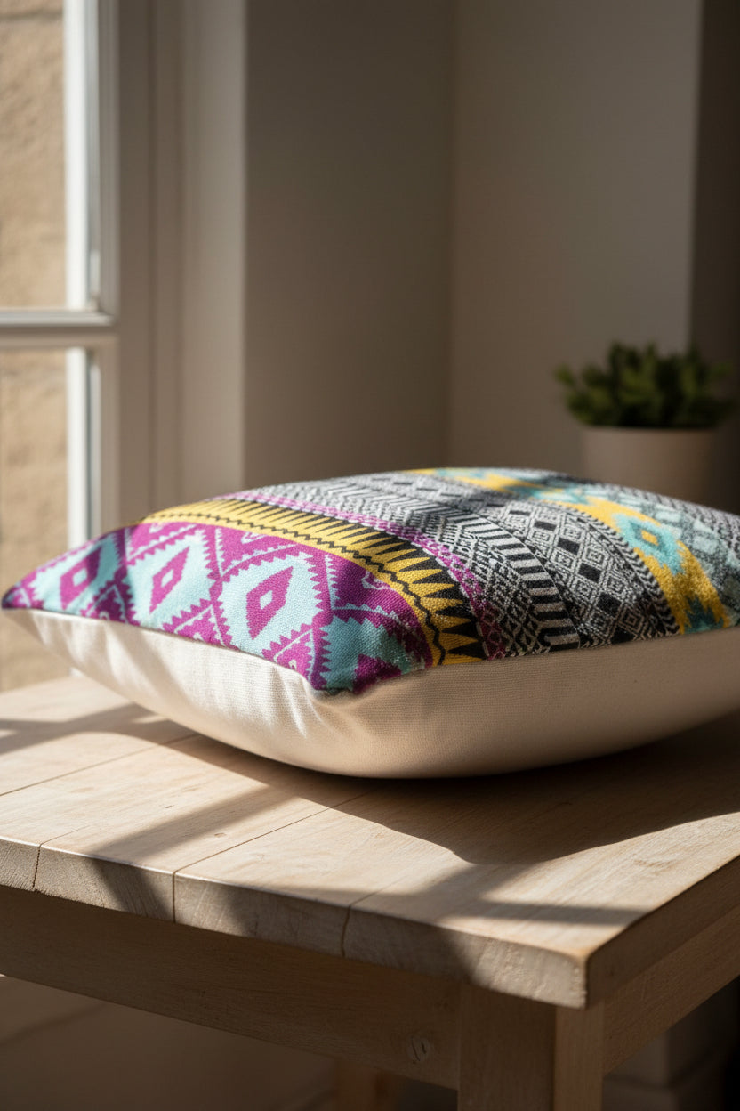 Cushion Cover with colorful tribal design side view