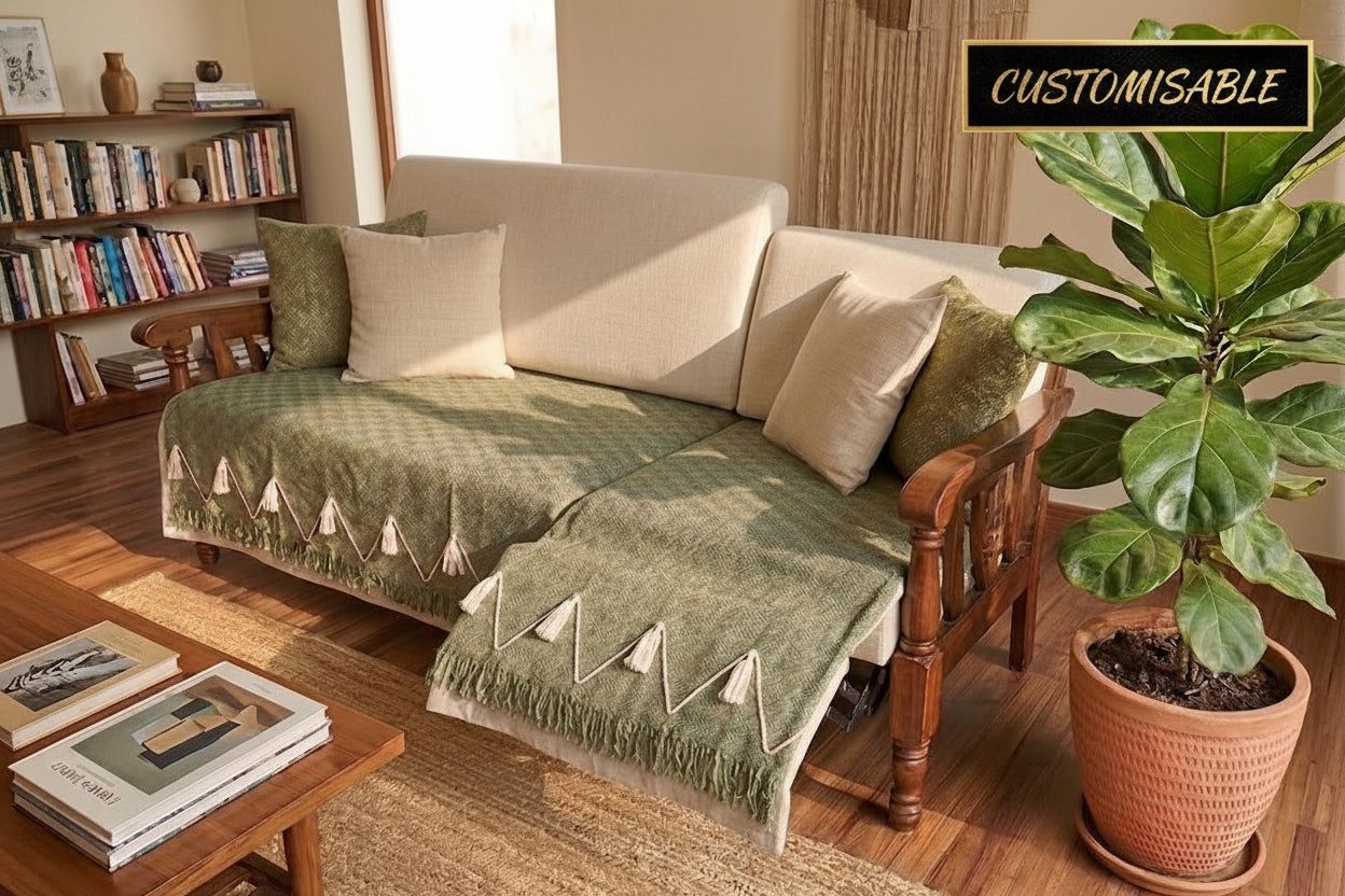 Custom-fit moss green seating cover for a single chair recliner in a cozy living room