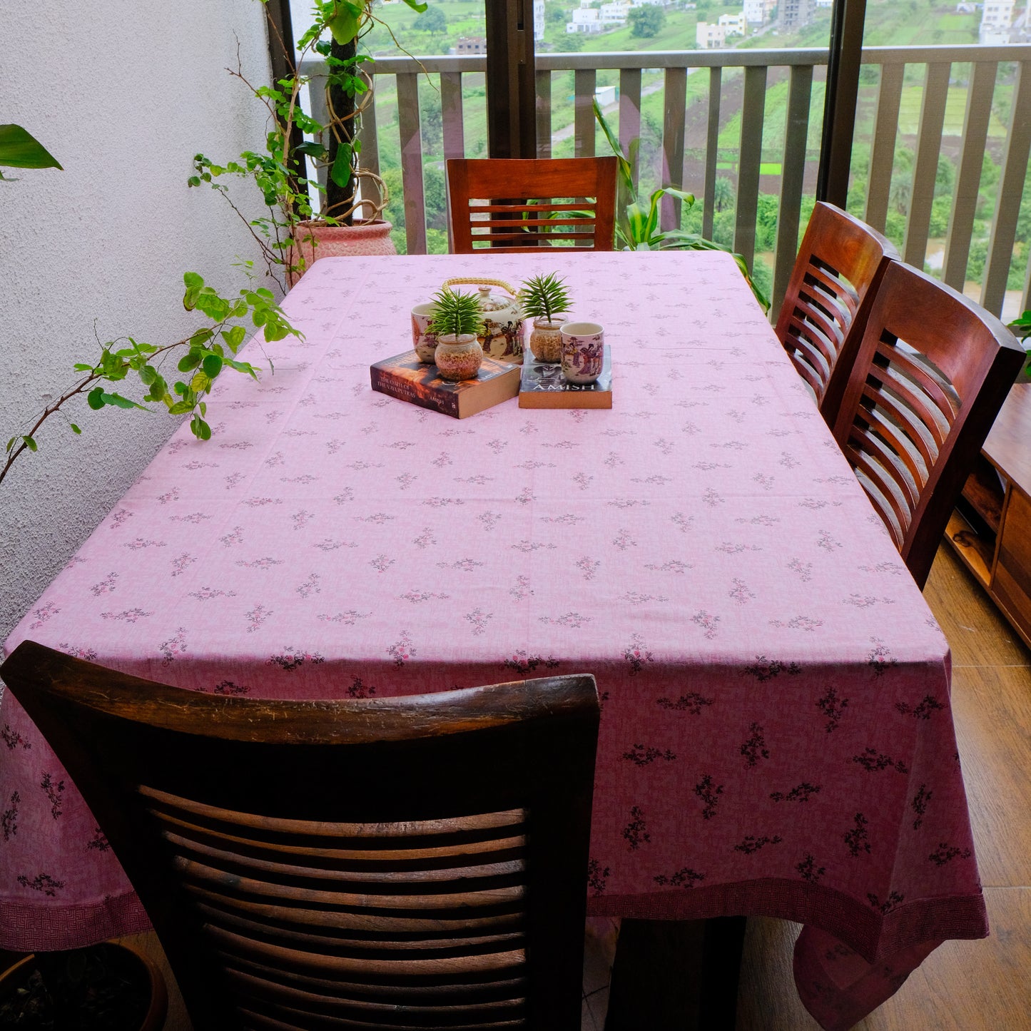 Pink Floral Printed Pure Cotton Table Cover with Small Motifs