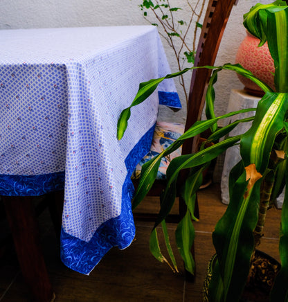 White Cotton Block Printed Table Cover with Blue Motifs & Border