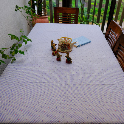 White Cotton Block Printed Table Cover with Blue Motifs & Border