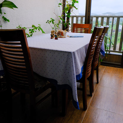 White Cotton Block Printed Table Cover with Blue Motifs & Border