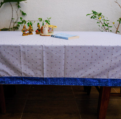 White Cotton Block Printed Table Cover with Blue Motifs & Border