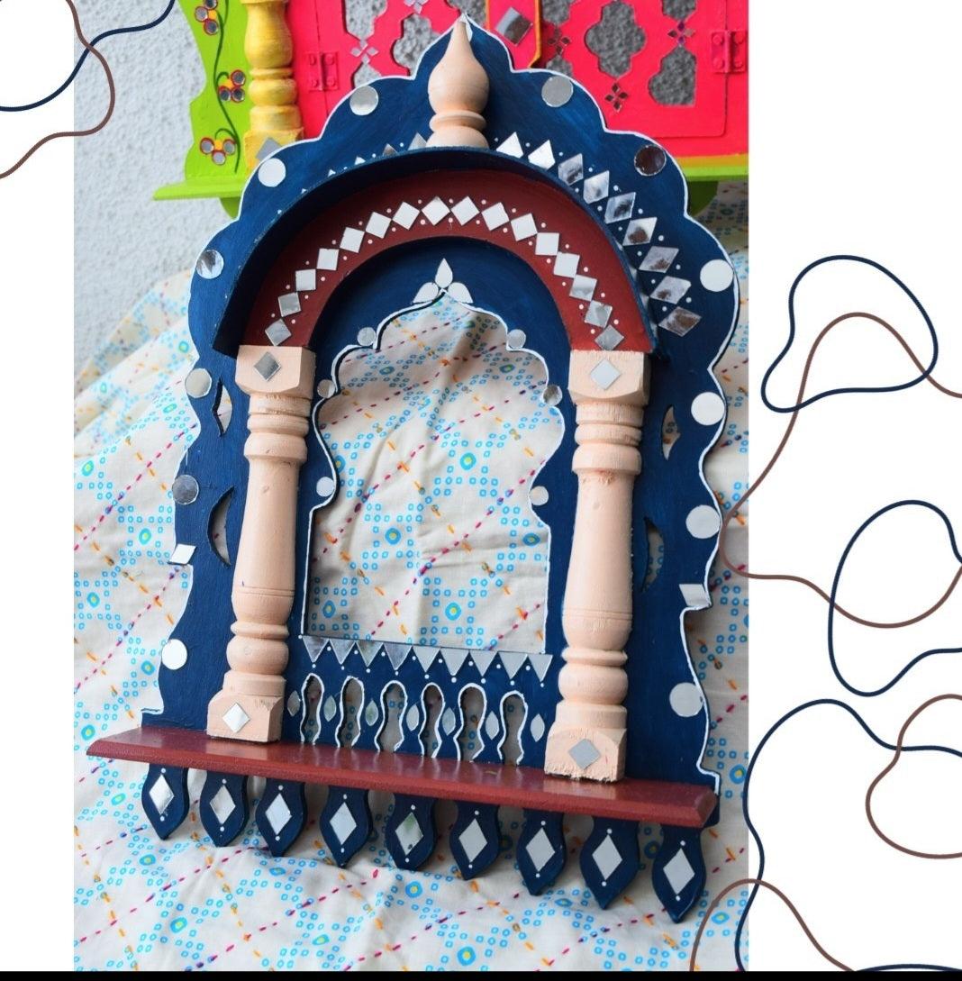 Handmade Wooden Mirror Work Dark Blue Medium Size Jharoka