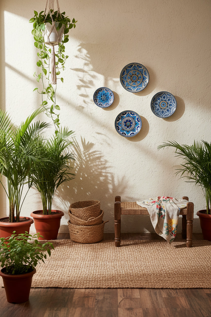 Decorative plates on a wall with plants and a bench in a room.