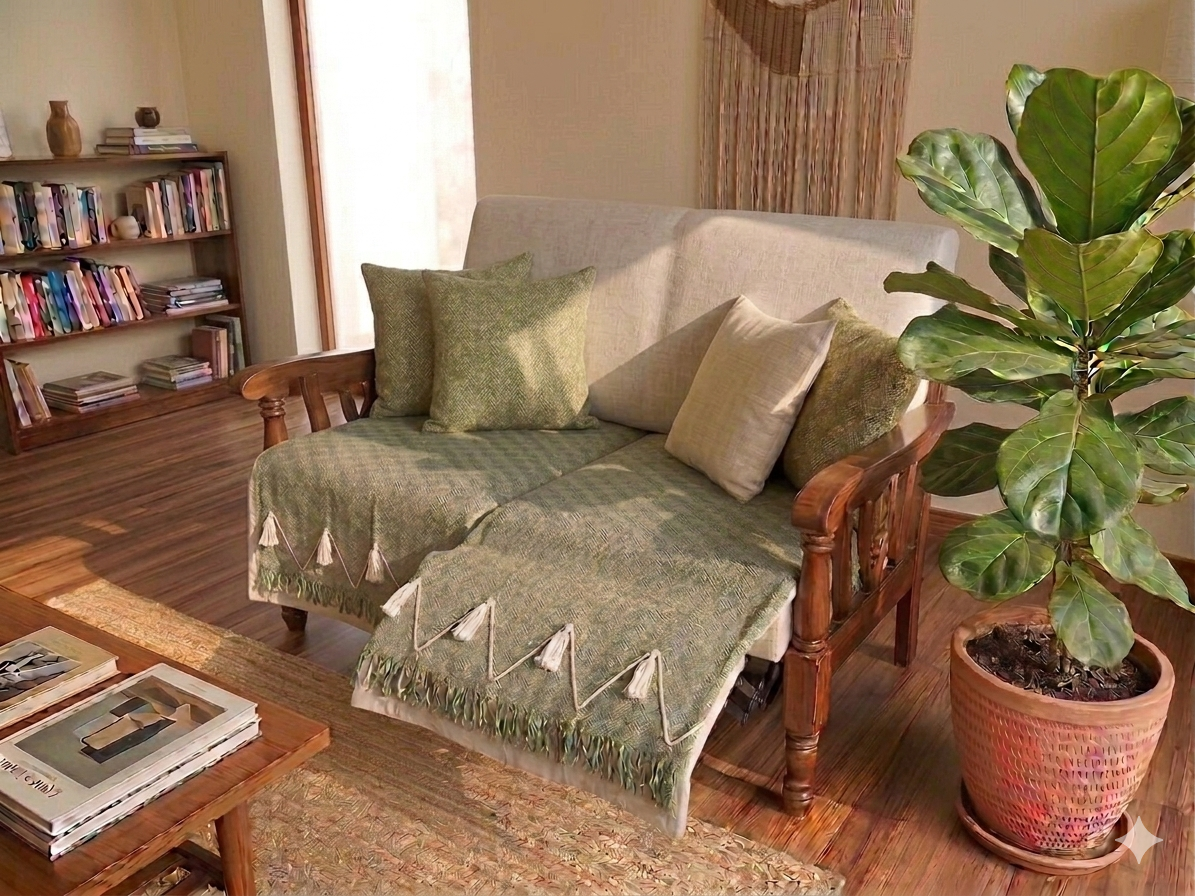 Detailed shot of moss green textured handloom fabric with hand-stitched threadwork.