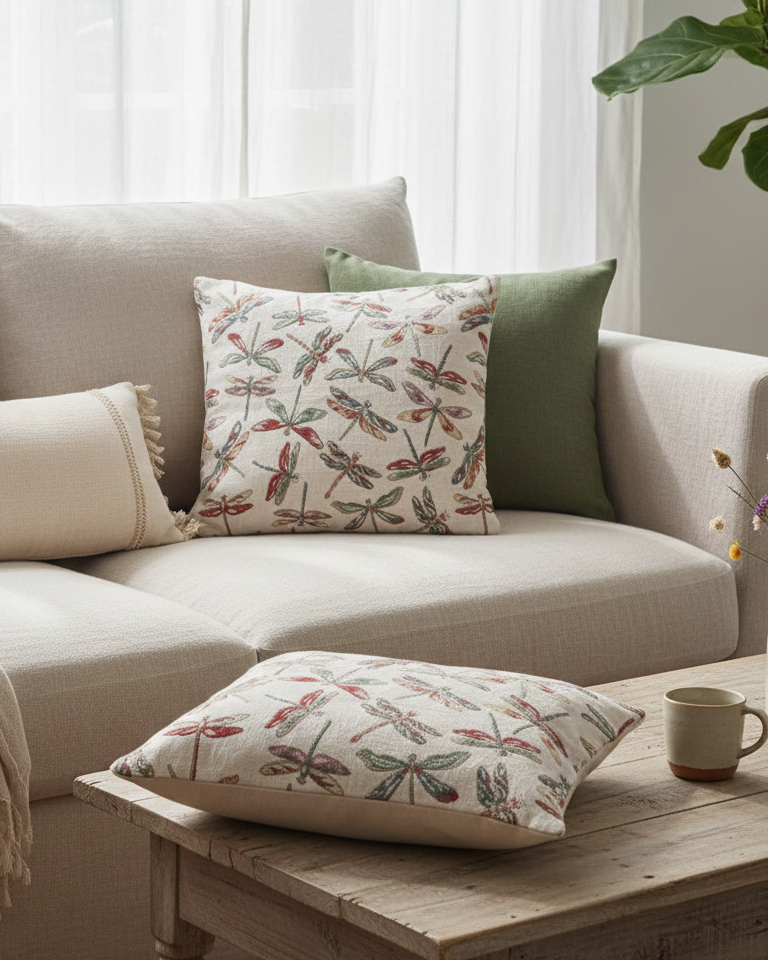 Beige sectional sofa with decorative pillows and a wooden coffee table in a living room setting.