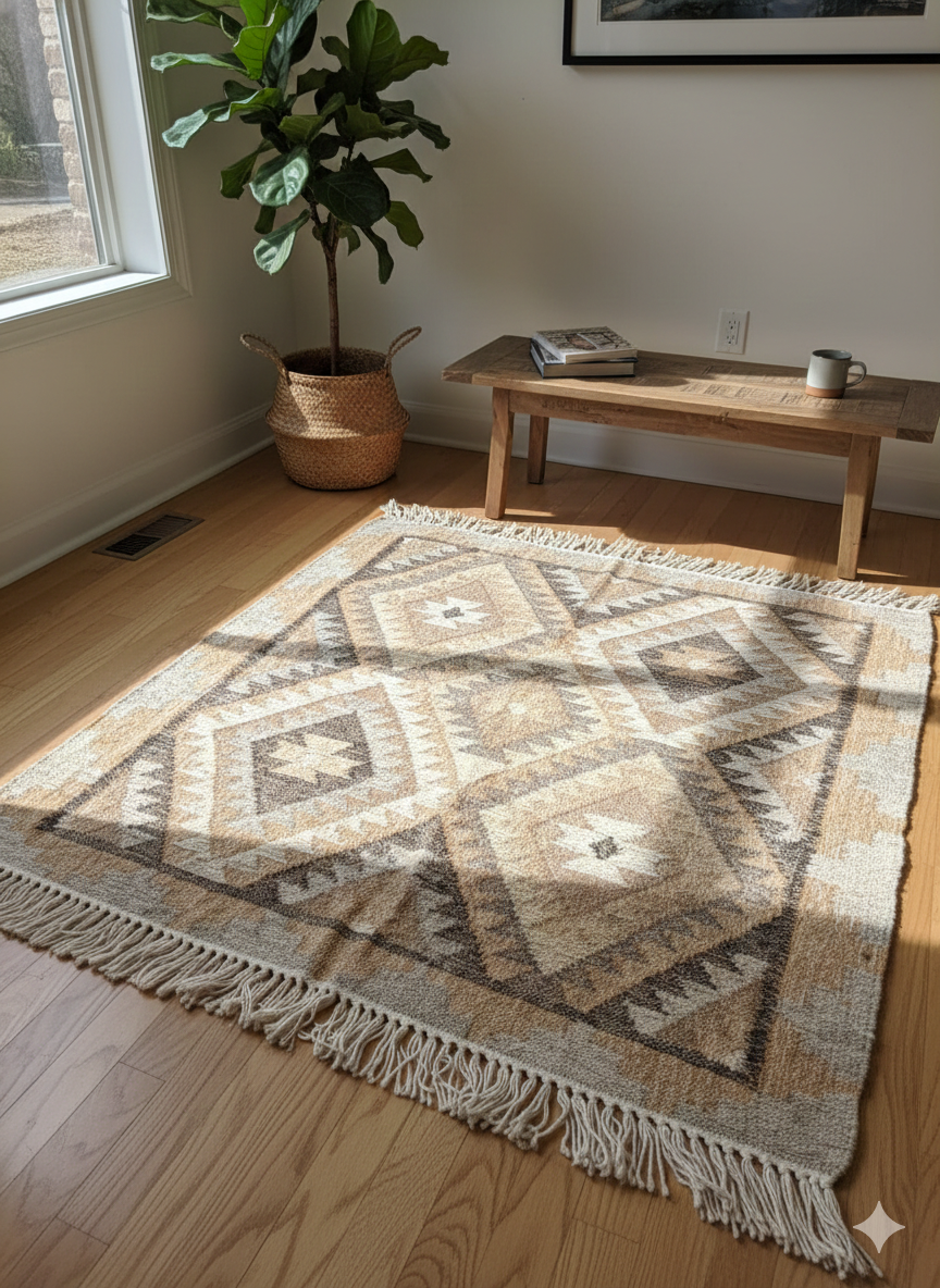 Patterned rug on a wooden floor with a plant and coffee table in the background.