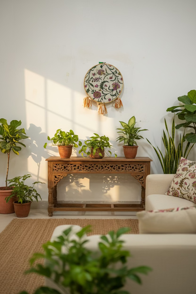 Living room with a wooden console table, potted plants, and a decorative wall piece.