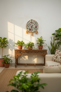 Living room with a wooden console table, potted plants, and a decorative wall piece.