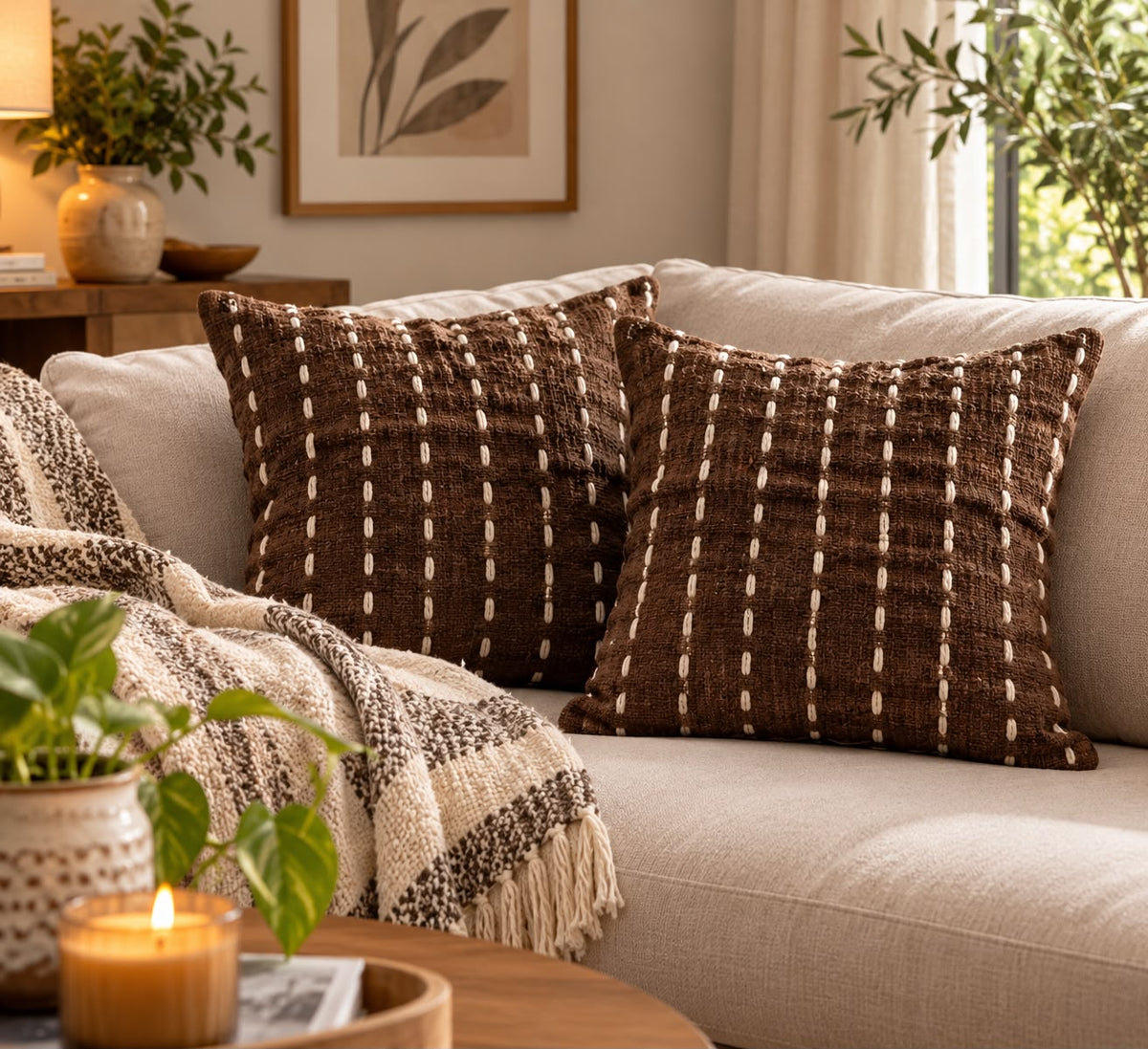 Embroidered Kantha Stitch Cotton Cushion Cover | Brown Throw Pillow Case
