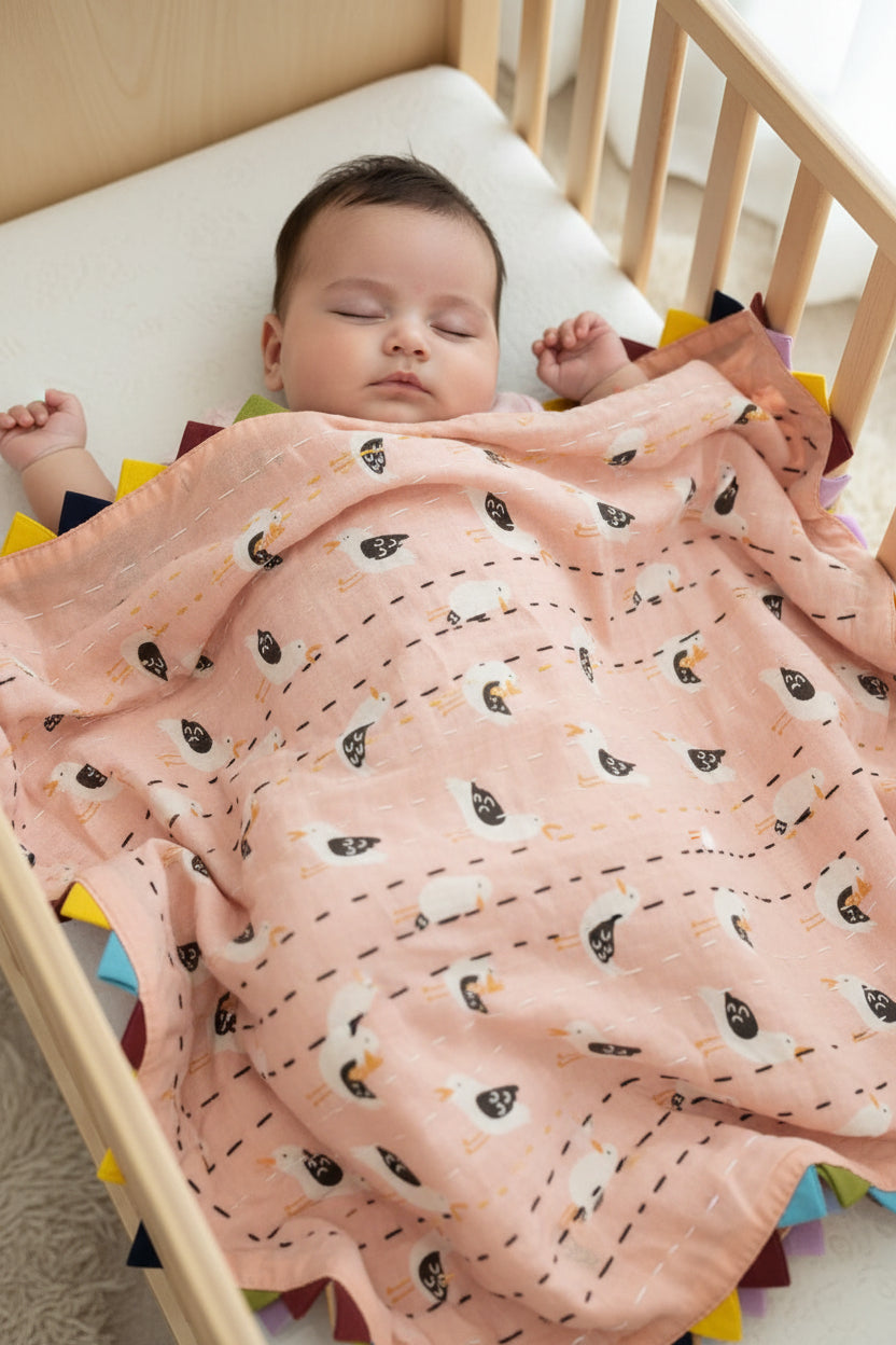 Fabric with a pattern of small white animals on a pink background, folded over a colorful geometric-patterned surface.