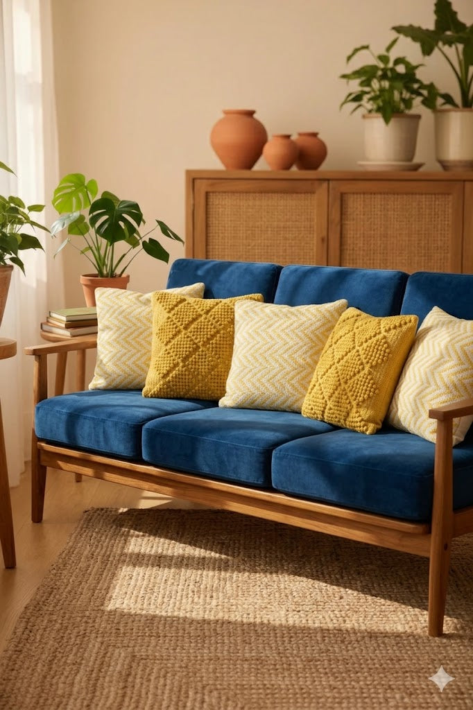 Five mustard yellow and beige boho cushion covers arranged on a wooden sofa in a bright living room.