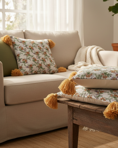 Floral Jacquard Cushion with Shimmer Tassels