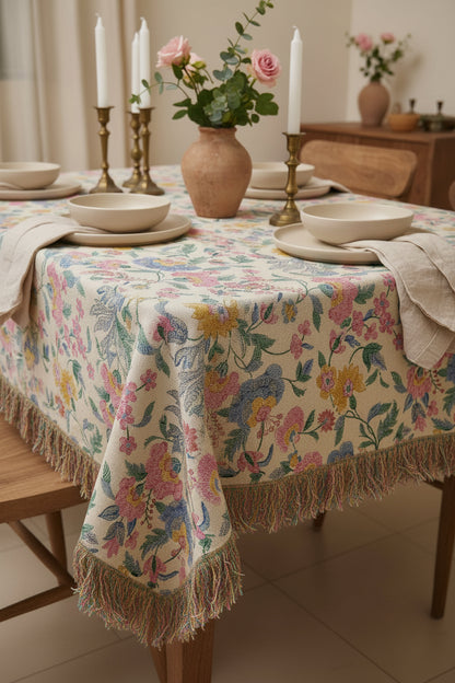 Off-White Pastel Floral Motif Table Cover with Multicolour Fringe | Thick Handloom Cotton Table Linen