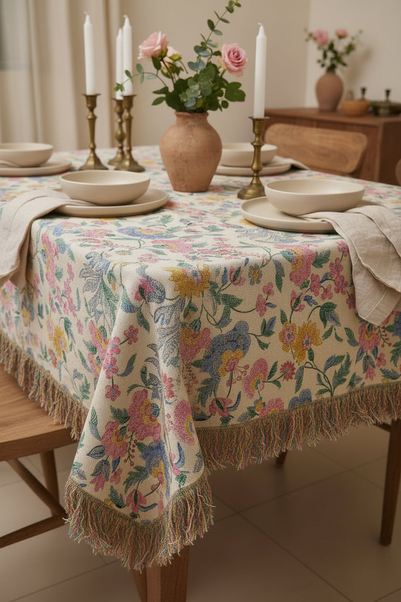 Floral tablecloth on a dining table with candles and flowers.