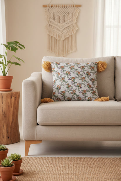 Floral cushion cover with tassels