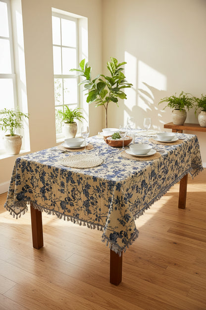 Floral patterned table cover with blue flowers on a beige background