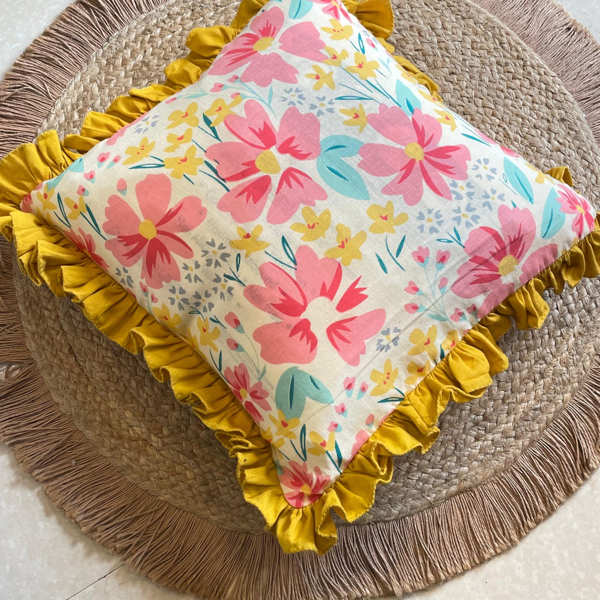 Frilled cotton cushion cover in romantic floral print