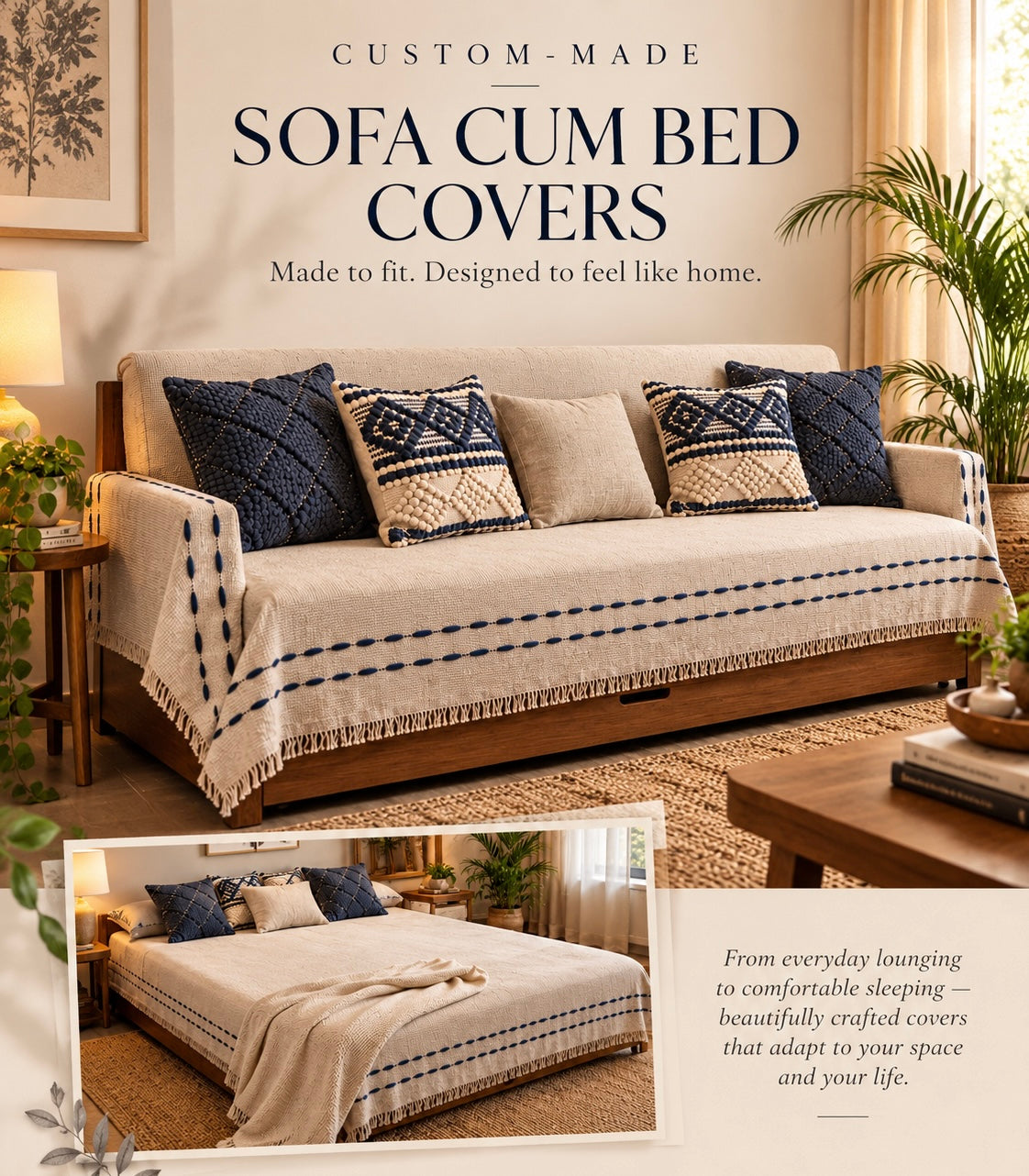 Handloom Throw with Royal blue Thread Work & Fringe | Soft Off-White Jute Cotton Sofa Cover