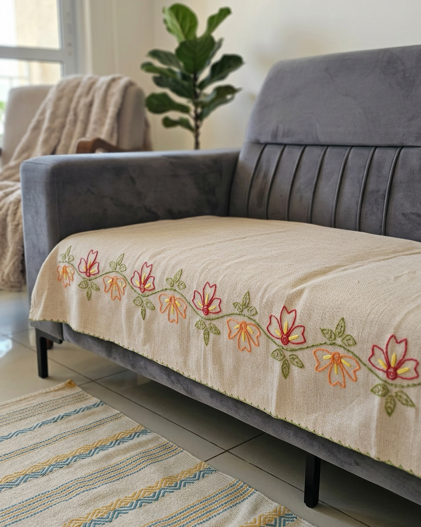 Oatmeal Jute-Cotton Floral Hand-Embroidered Sofa Cover | Artisan Seat Runner