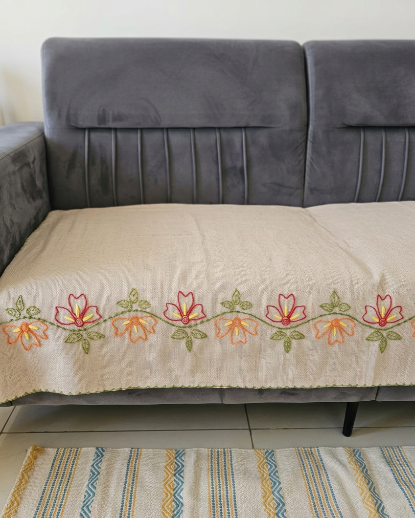Oatmeal Jute-Cotton Floral Hand-Embroidered Sofa Cover | Artisan Seat Runner