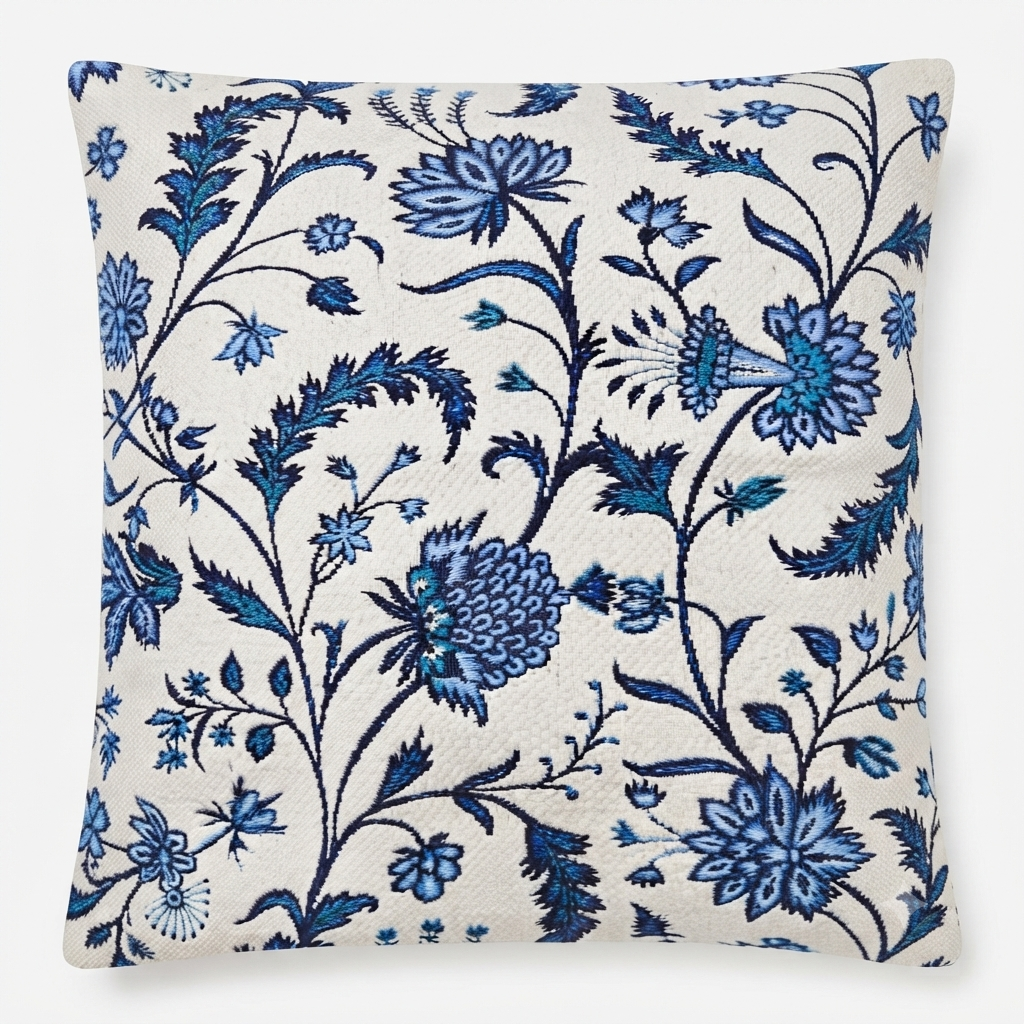Blue Floral Jacquard Cotton Cushion Cover | Botanical Throw Pillow Case