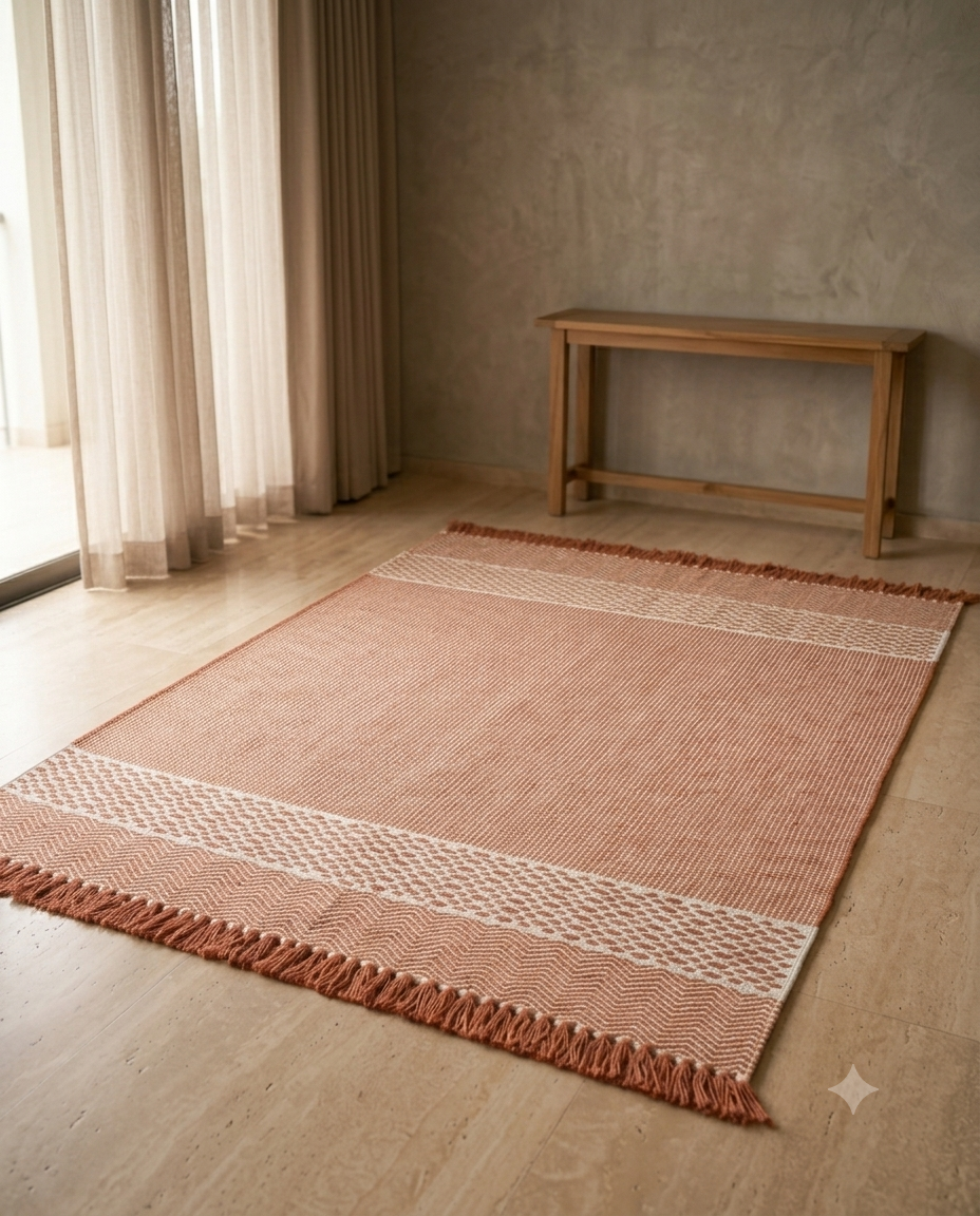 Geometric Flatweave Rug | Terracotta, Rust & Cream | Hand-Woven Artisanal Runner