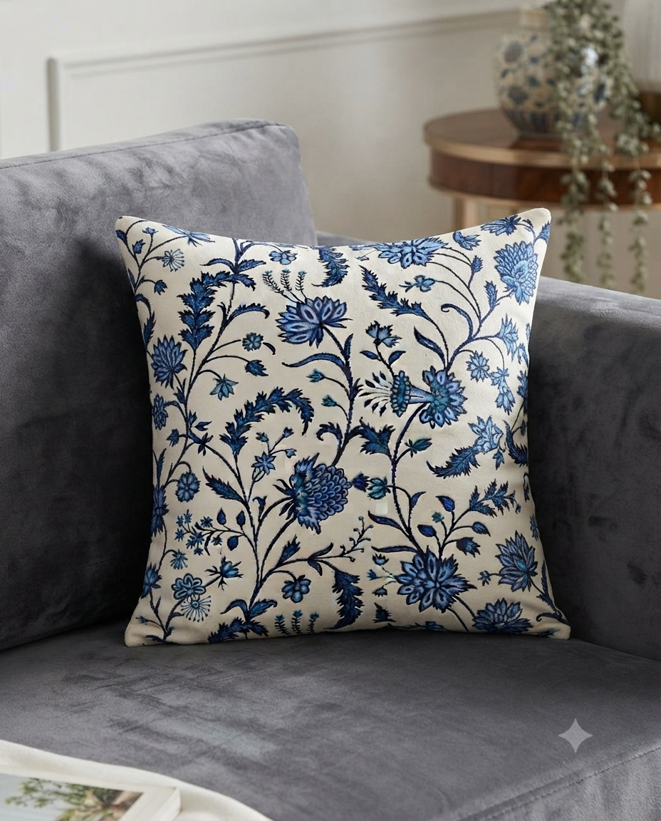 Blue Floral Jacquard Cotton Cushion Cover | Botanical Throw Pillow Case