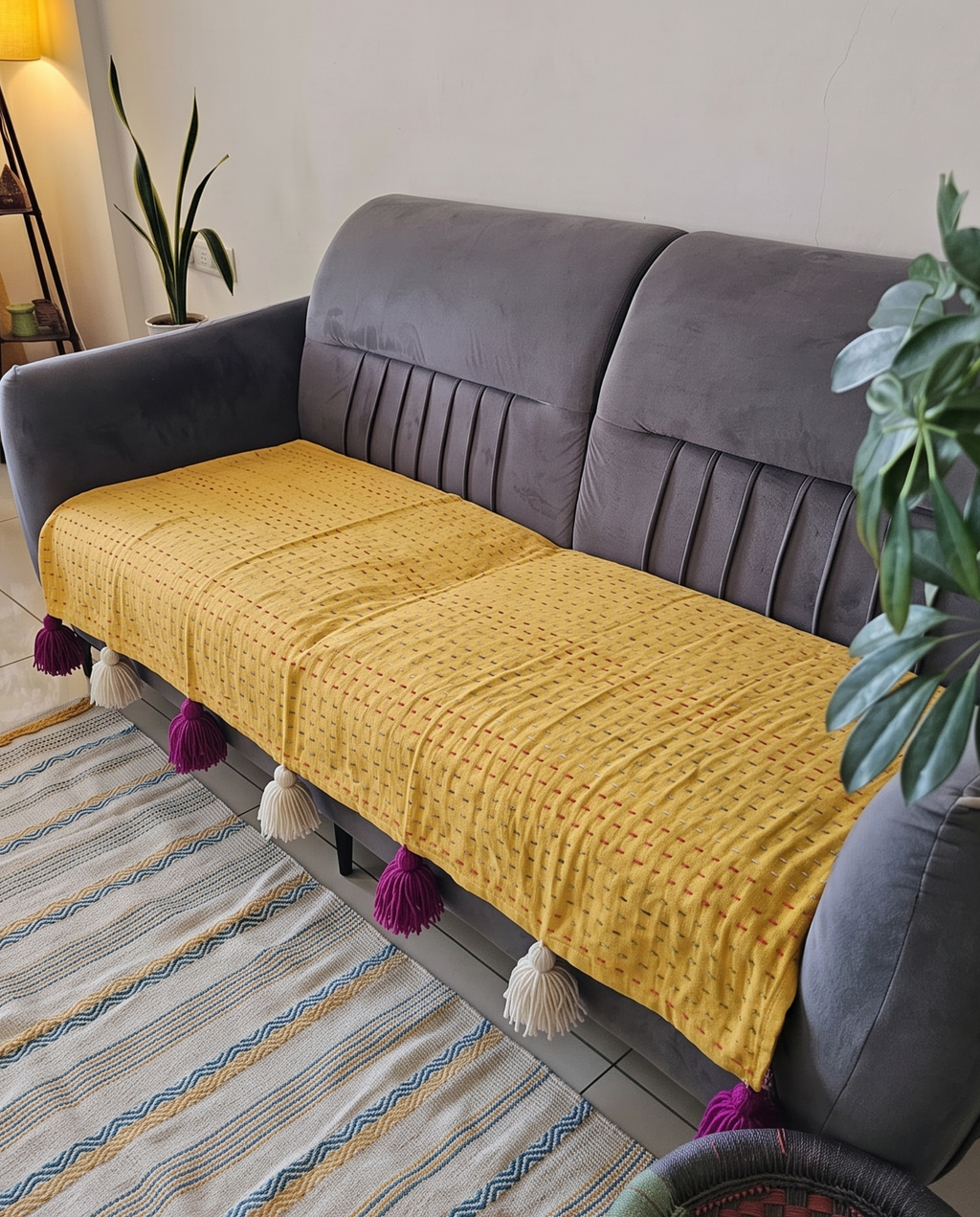 Handcrafted Cotton Embroidered Sofa Cover & Couch Runner | Vibrant Yellow with Multi-Color Stitching
