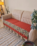 Handcrafted Jute Cotton Patchwork Sofa Cover & Runner | Terracotta Red & Floral Strip with Tassels