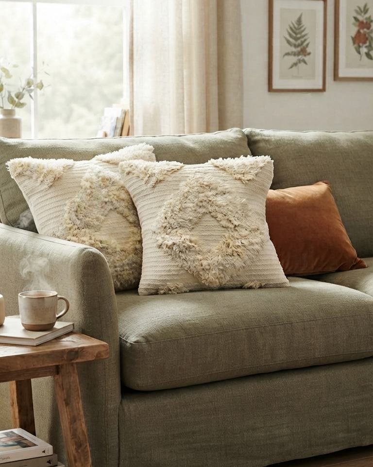 Vasaca Boho Off-White Tufted Cotton Throw Pillow Cover | Textured Geometric Cushion