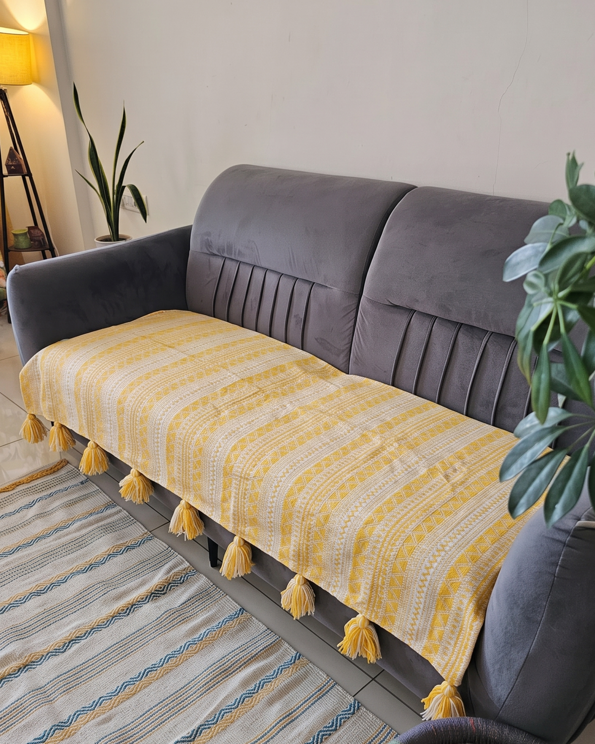 Yellow Zig-Zag Abstract Jacquard Cotton Sofa Cover | Tasseled Seat Runner