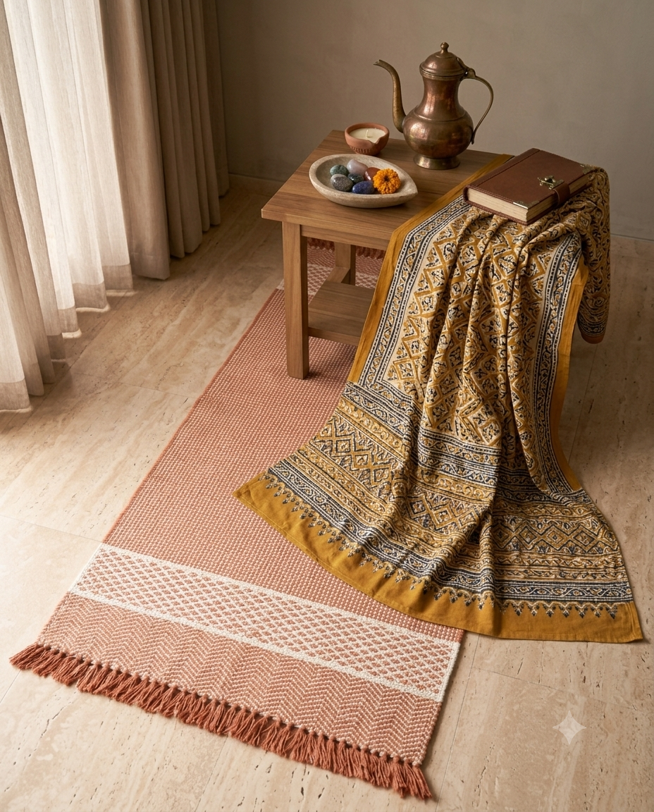 Geometric Flatweave Rug | Terracotta, Rust & Cream | Hand-Woven Artisanal Runner