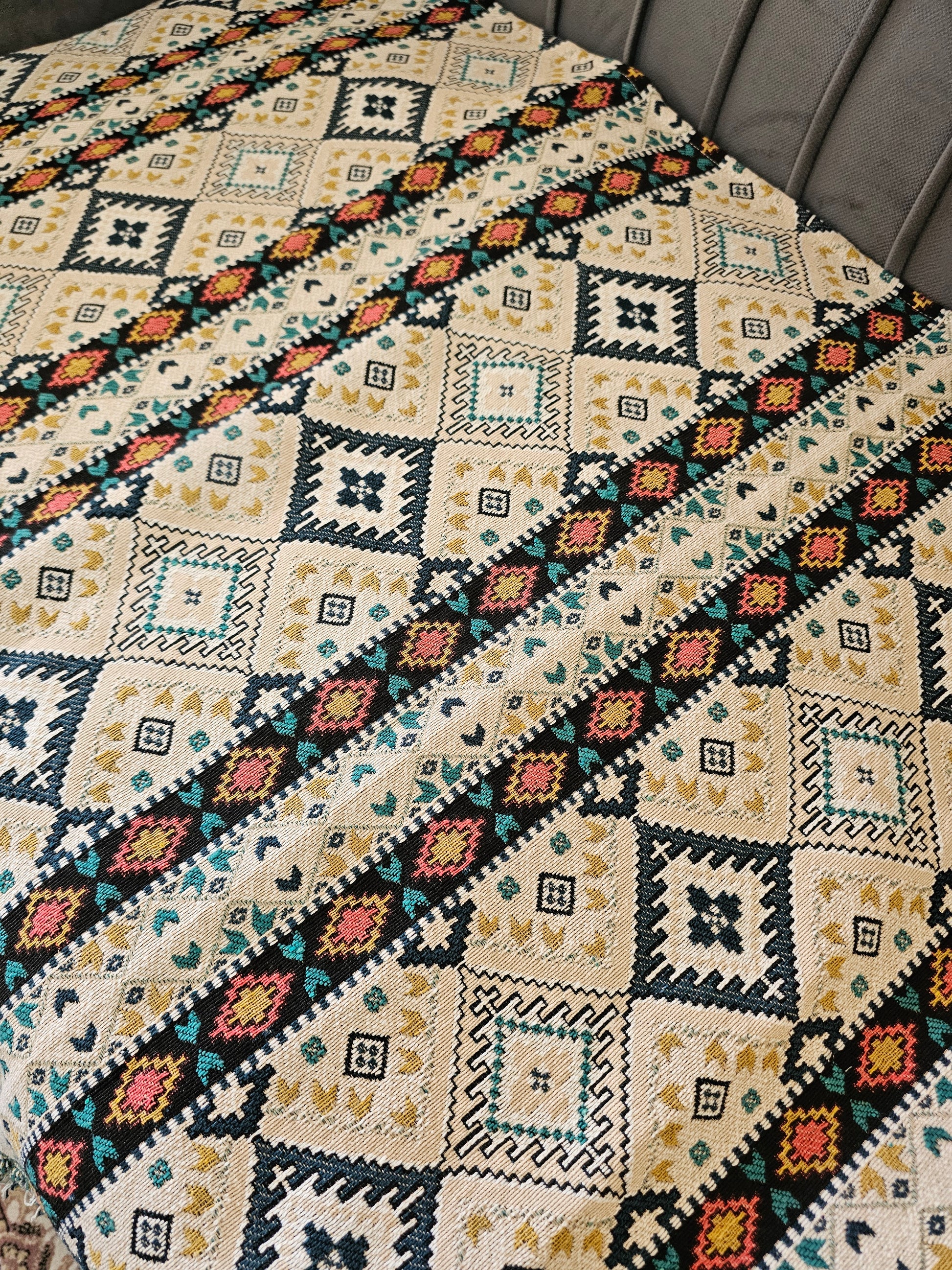 Close-up of a patterned fabric with geometric design