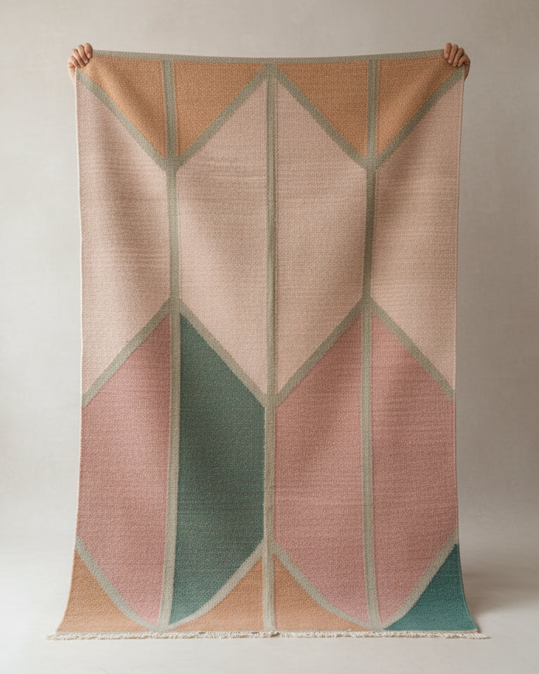 Geometric patterned rug with pink, green, and brown colors on a plain background