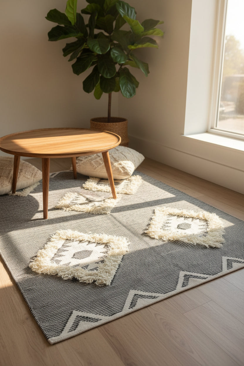 Gray and white patterned rug 