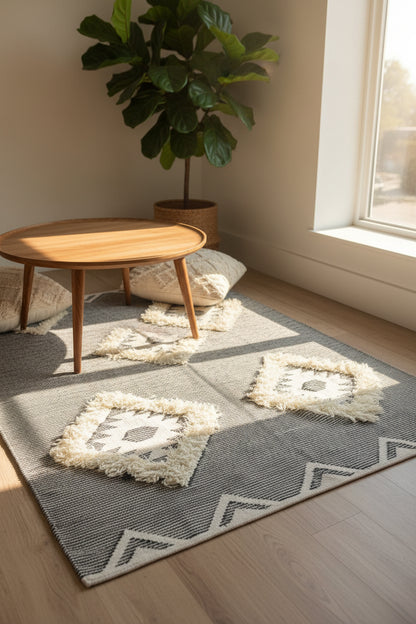 Gray and white patterned rug 