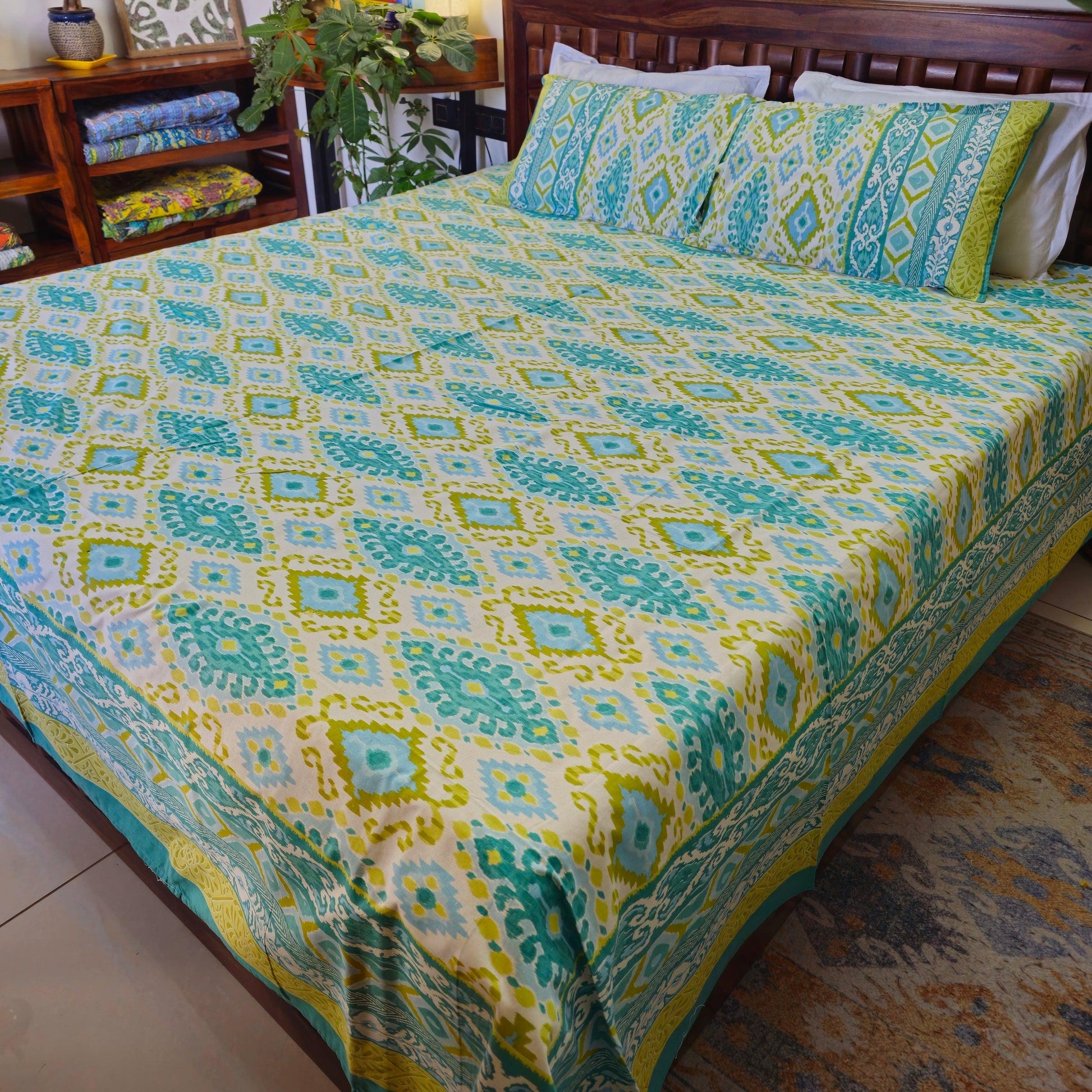 Green And Yellow Ikkat Print King Size Bedsheet
