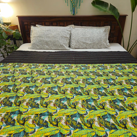 Green Banana Leaves Print Kantha Work Bedcover